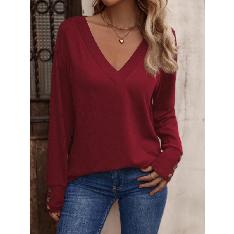 Women's Autumn Winter Solid Color V-neck Loose Long Sleeved T-shirt Button Top Blouses & Shirts