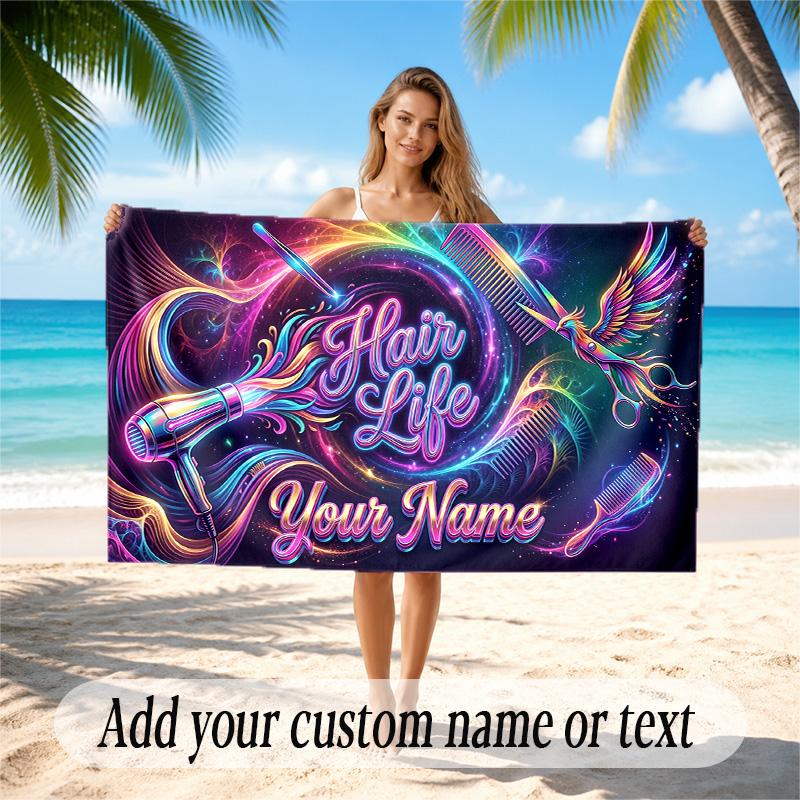 Barber Salon Theme Quick Dry Beach Towel Custom Name Text Print Large Sand Resistant Towel Beach Vacation