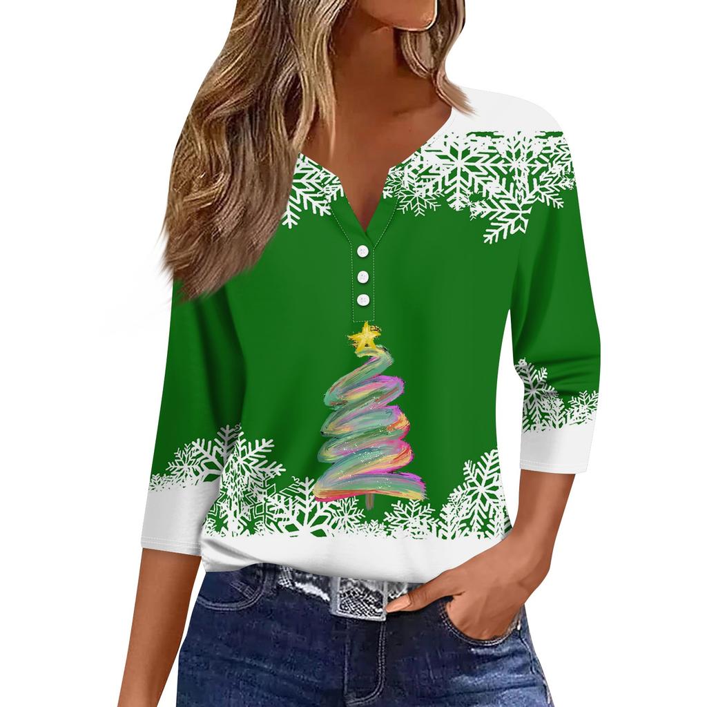 Жен. Футболка Футболка С принтом Пуговицы Рукав 3/4 Повседневные Выходные Мода Классический Классический V-образный вырез Обычный Верх