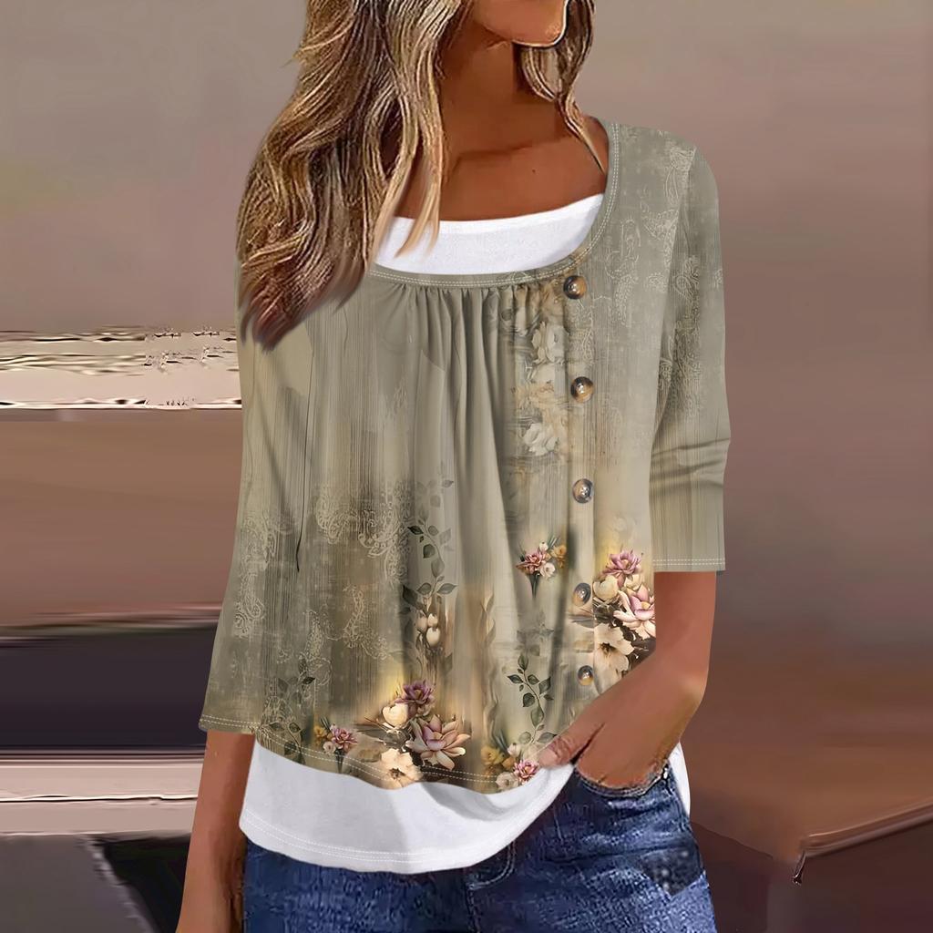 Women's T Shirt Tee Print 3/4 Sleeve Fake Two Pieces Daily Weekend Fashion Basic Regular Top
