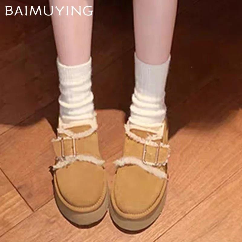 Женские зимние ботильоны на платформе, замшевые, меховые, на плоской подошве, повседневная обувь, короткие, плюшевые, зимние, хлопковые, тренд 2025 года, теплые, удобные, женские ботинки