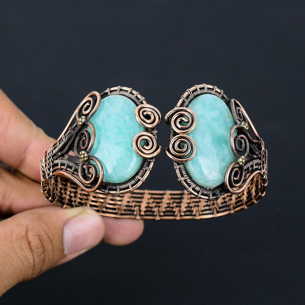 Unique Amazonite Gemstone Pure Copper Wire Wrapped Handmade Cuff/ Bangle Adjustable Jewelry