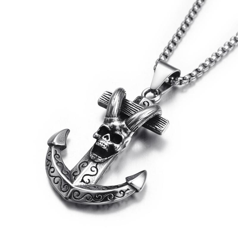 Vintage Titanium Steel Double Sword Skull Anchor Necklace Halloween Punk Men Jewelry