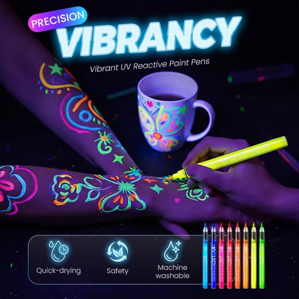 Fluorescent face and body paint pen set, 2025 new UV face paint, washable neon body paint, waterproof temporary tattoo pen for parties