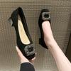2024 Woman Square Toe Square Buckle Shoes Rhinestone Shallow Mouth  High Heel Female Shoes Elegant French Suede   Shoes