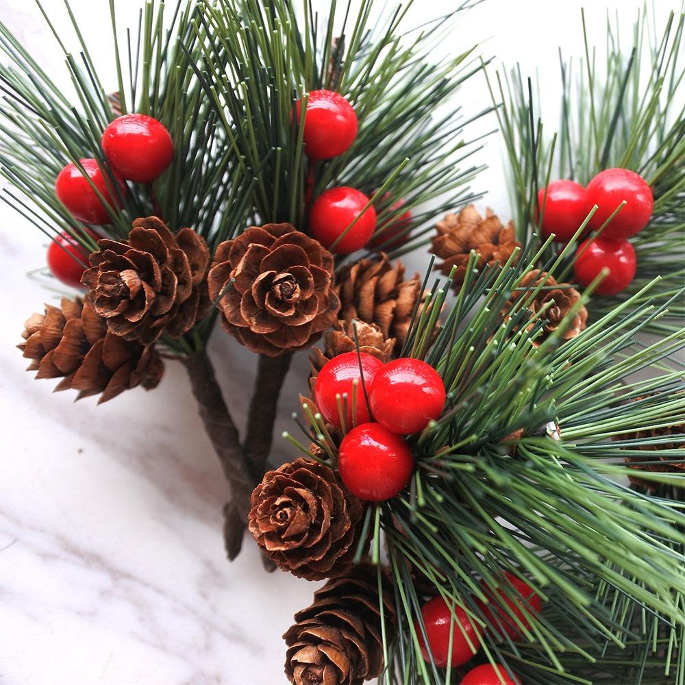 Christmas Pine Picks Artificial Red Berries Branches with Pinecone Stem for DIY Wreath Navidad Party Decor Supplies