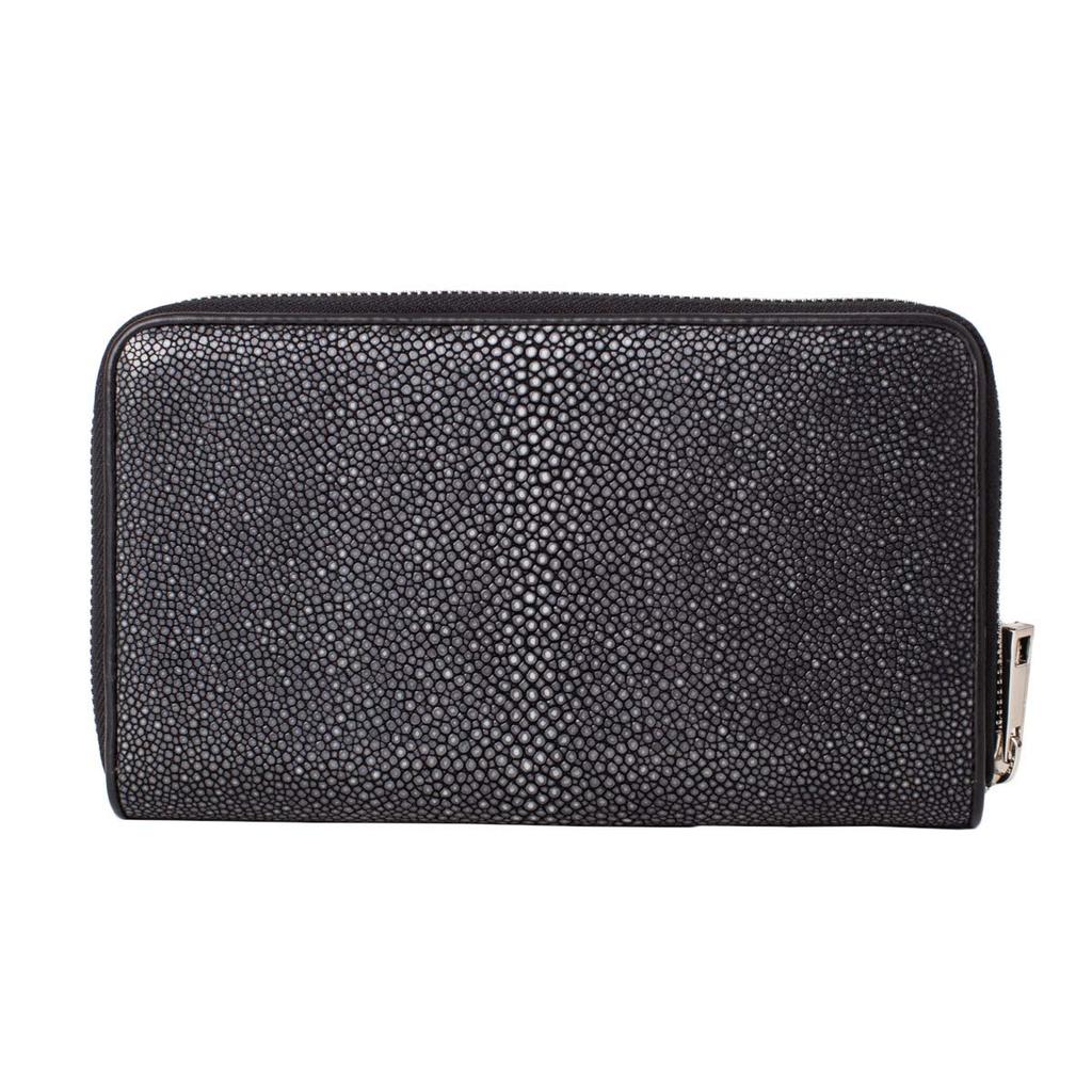 [Revetta] Длинный кошелек из кожи ската, Большая вместимость, 40 отделений для карт, Застежка на двойную молнию, Серебристый, Галюша, Скат, Черный, Мужской, Натуральная кожа