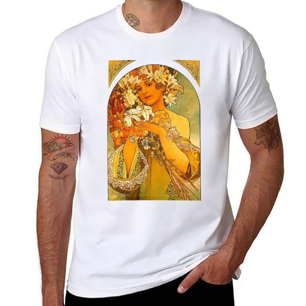 Flower by Alphonse Mucha TShirt Classic Print Short Sleeve Shirt