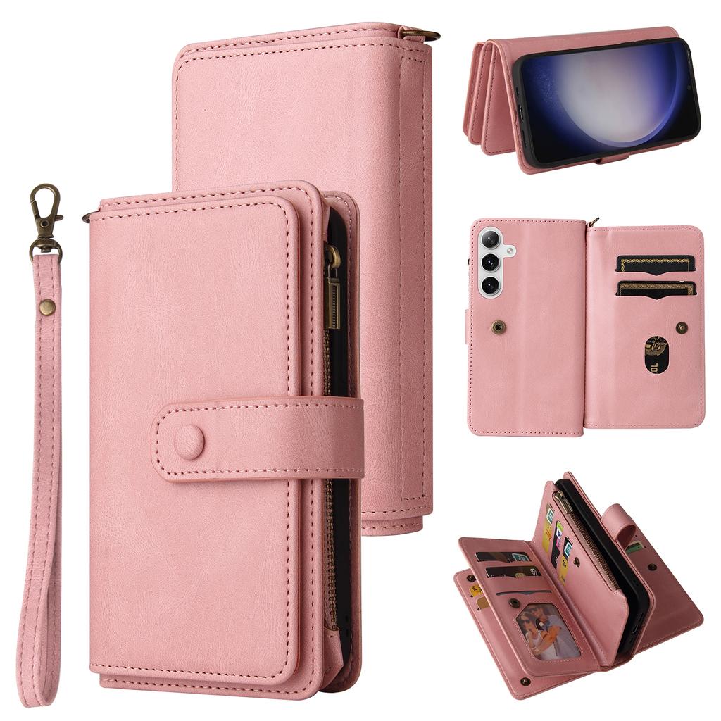 Для Samsung Galaxy S24+/Galaxy S25+ Чехол-кошелек на молнии с 15 отделениями для карт и ремешком, кожаный чехол для телефона