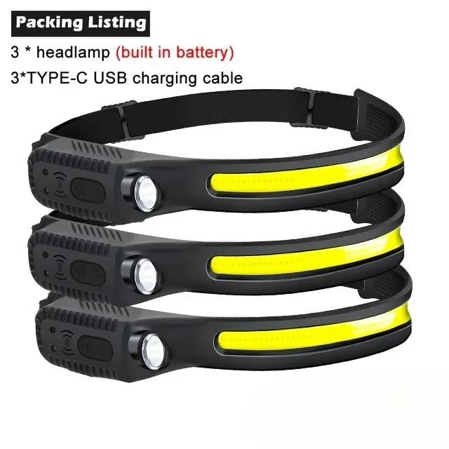 Светодиодный налобный фонарь с зарядкой от USB, встроенный аккумулятор, 5 режимов, фонарь для кемпинга, рыбалки, поиска