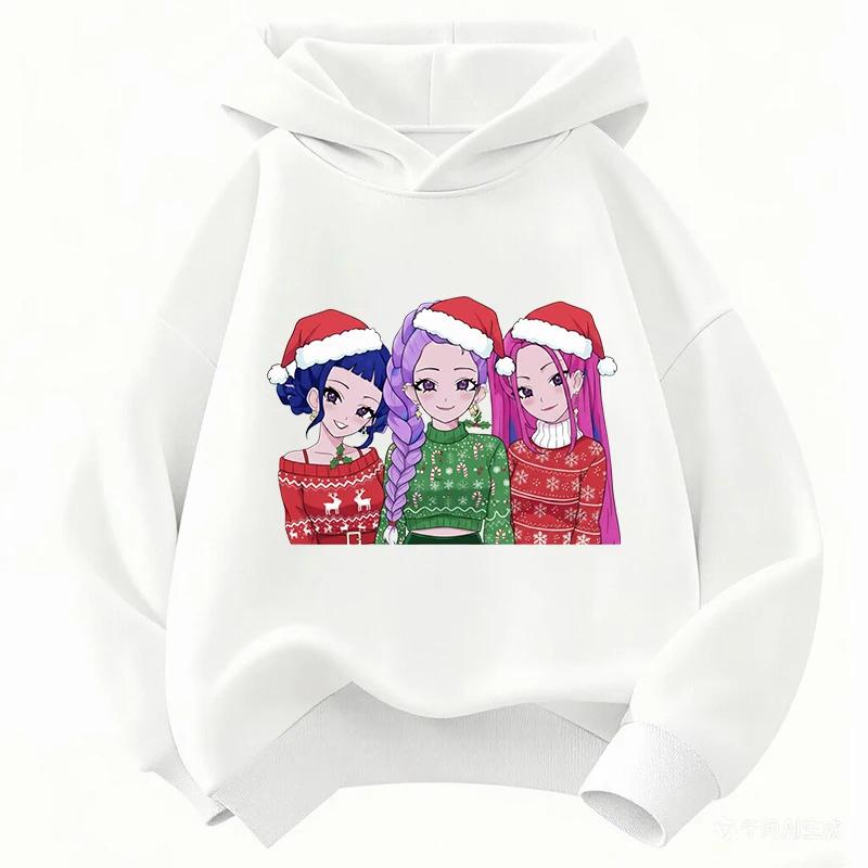 Vibrant Christmas Anime Girls Print Kids Hooded Pullover, Santa Hat Front Decor, Soft Warm Hoodie, Daily Top For Family Gatherings And Outdoor Trips