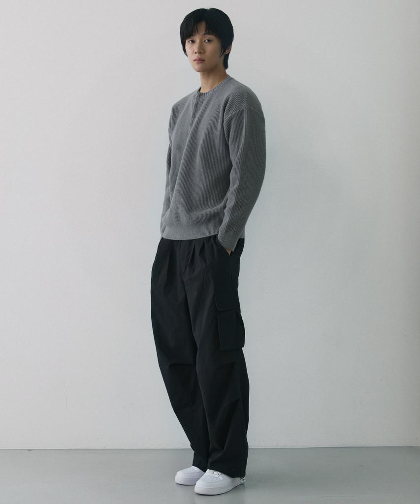 NODU Waffle Henley Neck Knit [Gray]