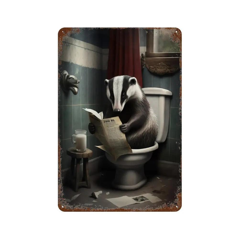 Забавная ванная комната, юмористический декор в виде животных, медведь, собака, тигр, сидящий на унитазе, читающий плакат, художественная металлическая жестяная вывеска, табличка для туалета, дома