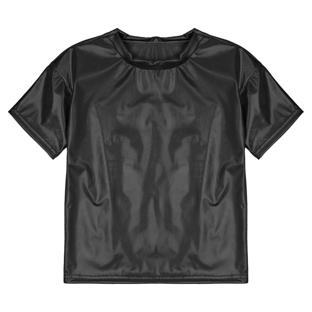 Детские блестящие футболки металлизированного цвета с короткими рукавами для мальчиков и девочек, топы для танцев, вечерние блестящие наряды