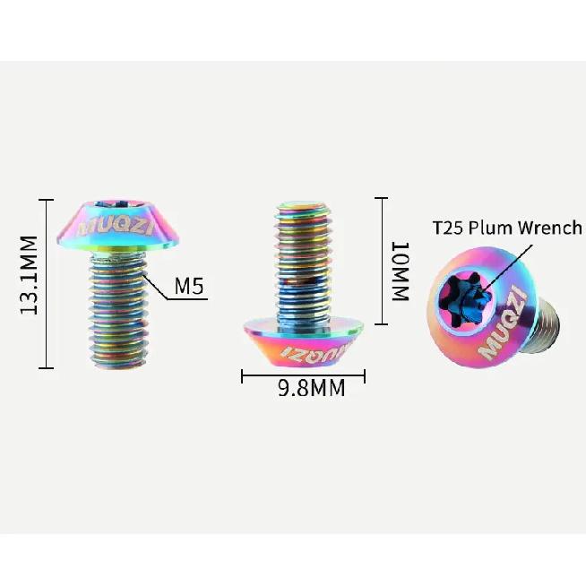 MUQZI 6PCS Titanium Screw M5 x 10mm Bike Disc Brake Rotor Bolts MTB Bicycle Ultralight Titanium Alloy T25 Torx Rotor Bolts
