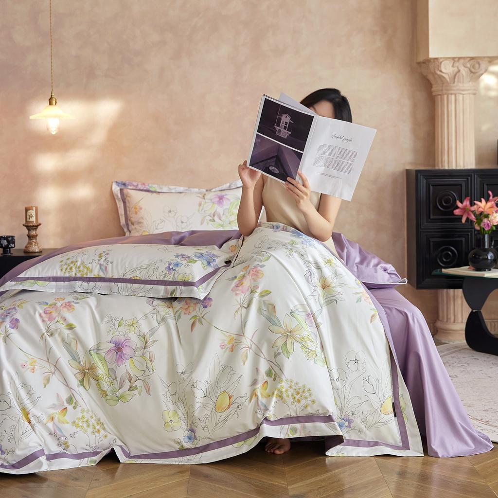 Легкий люкс Класс А 100S Длинноволокнистый хлопок Сатин Цветочная цифровая печать Четырехпредметный комплект Простыня Пододеяльник Постельное белье