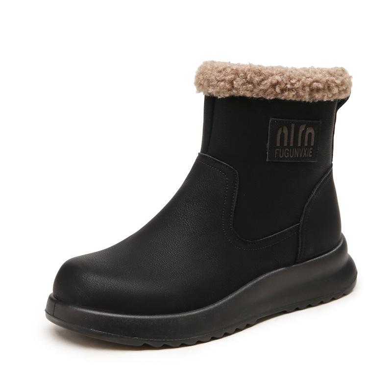 Leather Snow Boots Women's, New Winter Martin Boots Lamb Velvet Warm Short Boots Waterproof Cotton Shoes Boots