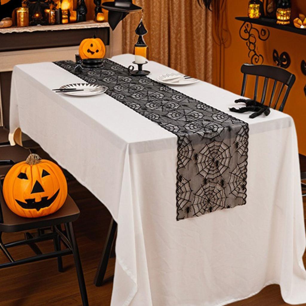 Halloween Black Lace Polyester Tablecloth for Party Decorations Fabric Easy To Cleaning Foldable Designs