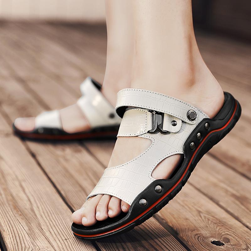 Мужские тапочки, летние модные бежевые/черные кожаные повседневные сандалии на платформе, пляжные кожаные плоские роскошные повседневные мужские сандалии