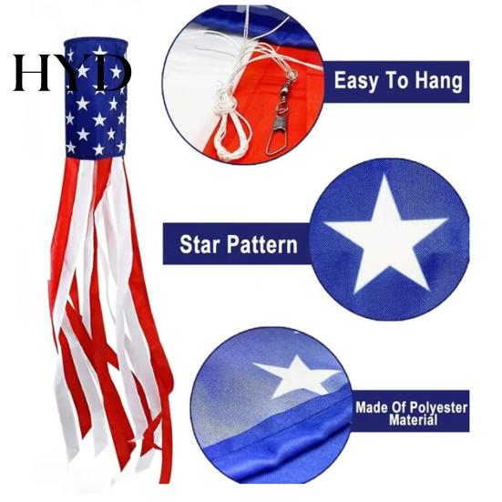 Outdoor Hanging Flag LED Patriotic Windsock, Red White Blue American Wind Sock with Decor 10 Streamers, 3 Lighting Modes, 4th of July