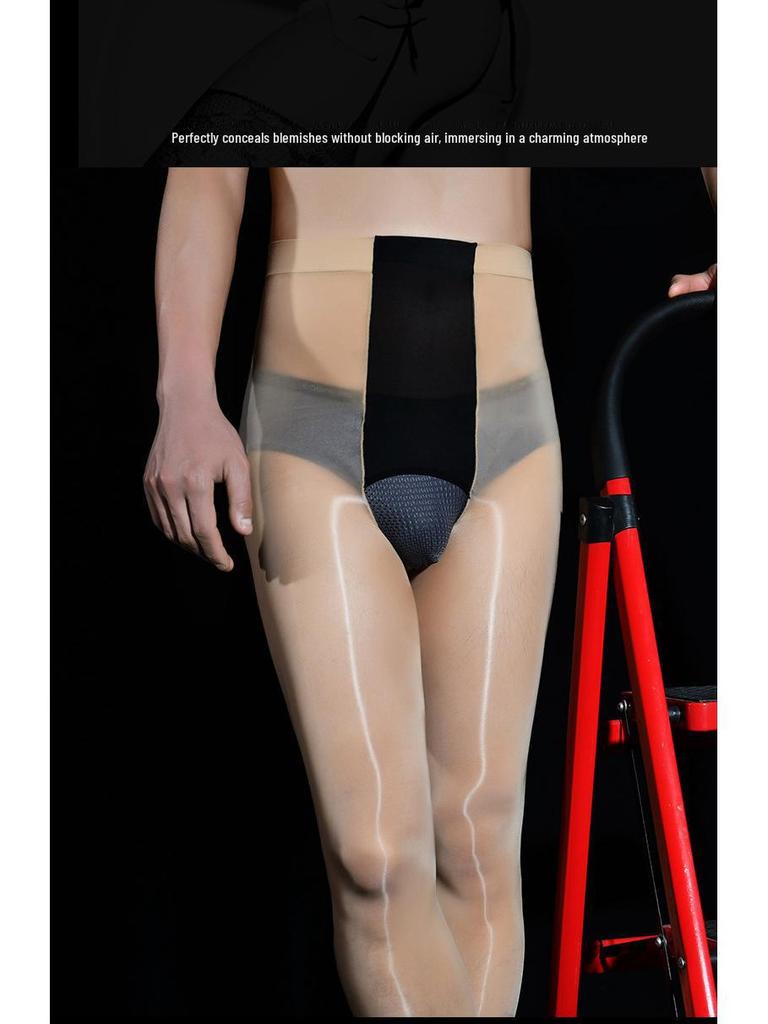 Глянцевые черные шелковые мужские ультратонкие горизонтальные открытые колготки