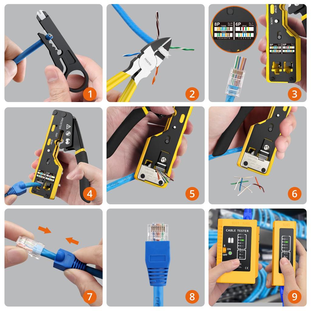 Proster Обжимной инструмент для разъемов RJ45 LAN, обжимной инструмент для разъемов LAN CAT6, защитная замена, японская инструкция по эксплуатации, совместимый с