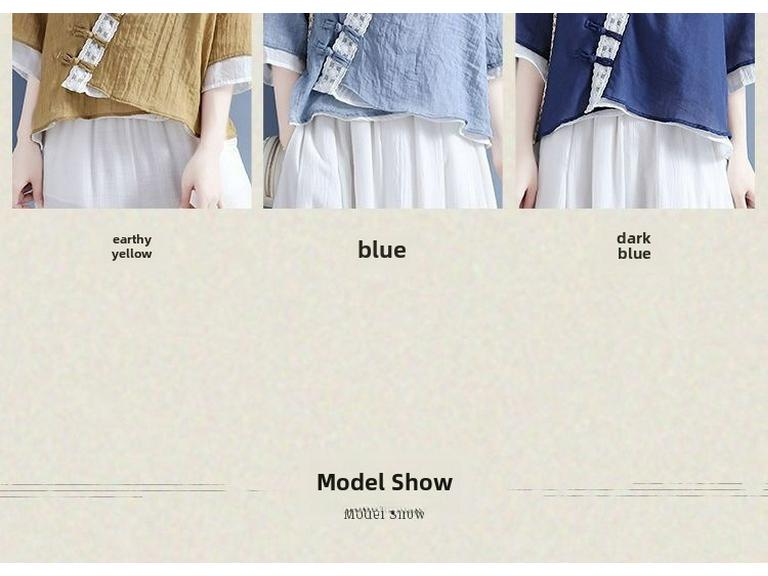 Женская кружевная рубашка из хлопка и льна с рукавом три четверти, весна/осень 2024 г., ретро-стиль, с косым воротником и пуговицами