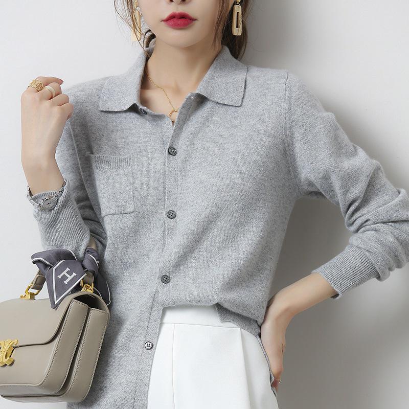Women's 2023 Light Luxury Loose Knit Wool Polo Cardigan with Lapel Collar