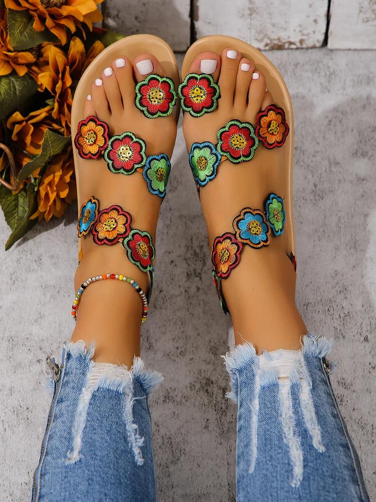 Fashion Yellow Embroidered Faux Flower Fashion Sandals Peacock Flat Plus Size 43 Summer Outdoor Beach Shoes Travel Mom Shoes