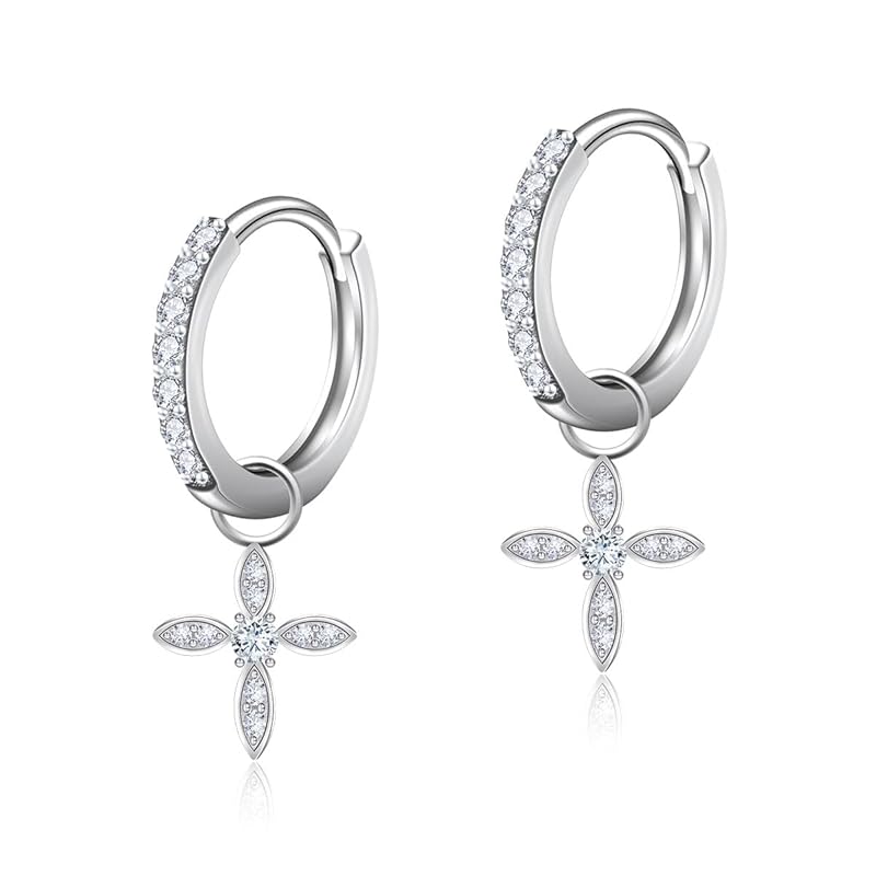 Naniwaai Earrings Ladies April Birthstone Hoop Sway 2Way Flower Woman Silver Compatible with Metal Allergies Cross Adult Accessories Present Birthday