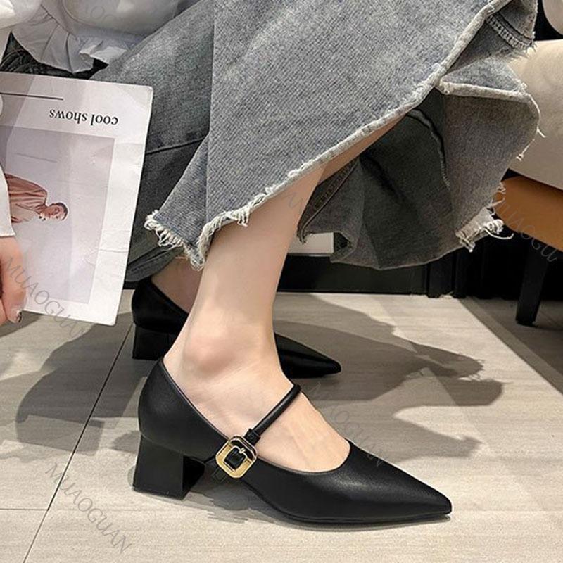 Fashion Spring Autumn New Pointed Single Shoes Women Thick Middle Heel Shallow Mouth Pumps Elegant Solid Belt Buckle Heels for Women