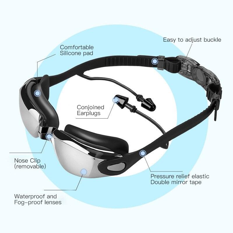 Adult Electroplated Swimming Glasses HD Waterproof Anti-fog Swimming Goggles Teenager Water Sport Eyewear With Earplug Men Women