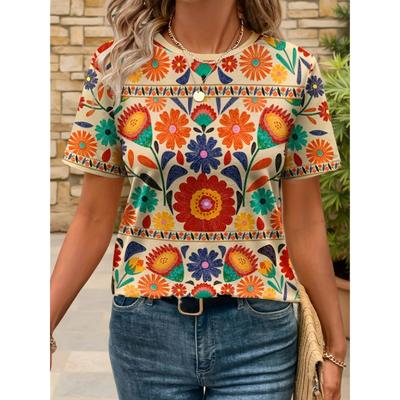 Летняя женская футболка с цветочным 3D-принтом, в стиле ретро, повседневная, в богемном этническом стиле, футболка оверсайз, летняя женская футболка с коротким рукавом