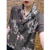 Summer Cotton Linen Blouse Vintage Short Sleeved Shirts for Women Loose Slim Fit Retro Printed Korean Versatile Shirt