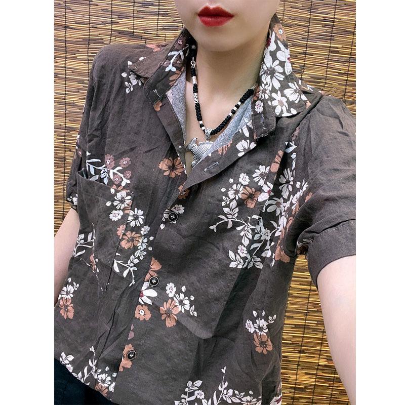 Летняя хлопковая льняная блузка, винтажные рубашки с короткими рукавами для женщин, свободная облегающая рубашка с ретро-принтом, корейская универсальная рубашка
