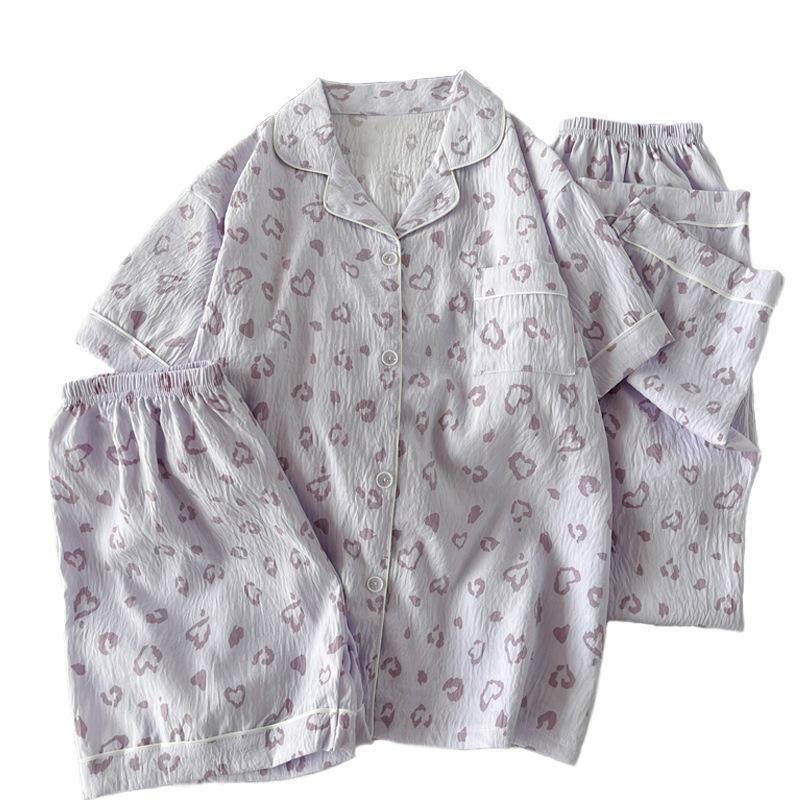 Fashion ins wind leopard print love cloud cotton pajamas women's summer short-sleeved loungewear three-piece set real shot