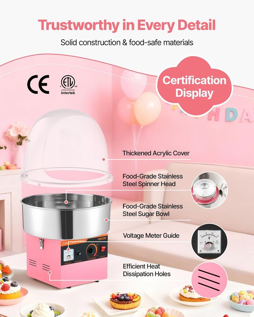 Electric Cotton Candy Machine, 1000W Electric Floss Maker With Cover, Commercial Cotton Candy Machine w/Stainless Steel Bowl & Sugar Scoop, Ideal for