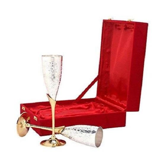 Rudra Exports Бокал для вина 100 мл (Набор из 2) | Посеребренный бокал-флейта для вина с бархатной коробкой