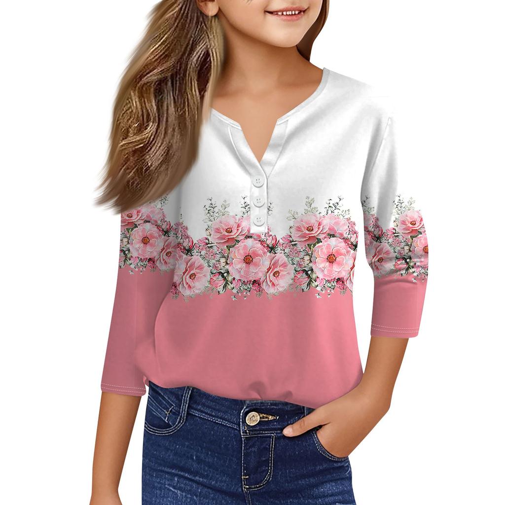 Повседневные модные топы для девочек с принтом, футболка с семью рукавами и пуговицами