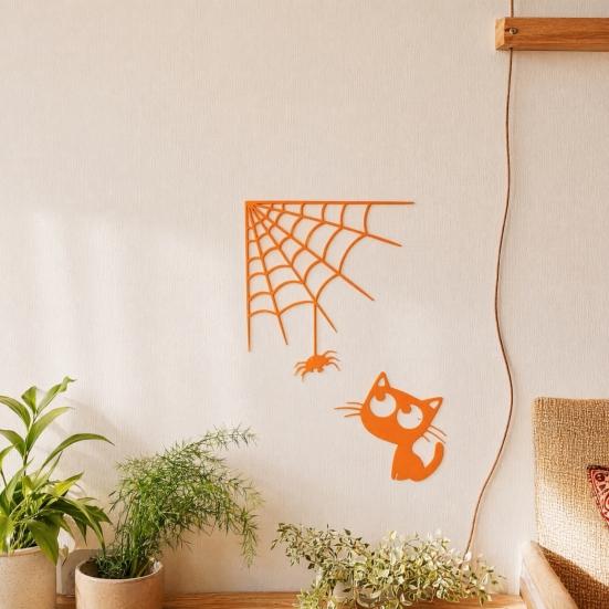 3D Printed Spider Web Cat Wall Decor, Orange Halloween Hanging Ornament, Spooky Cute Spider Cat Figure for Home Party Decoration