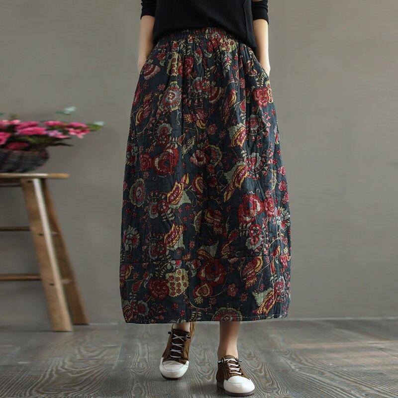 Johnature Женская стеганая юбка с цветочным принтом и мягкой подкладкой, винтажная одежда из смешанного хлопка с эластичной резинкой на талии, осенне-зимние юбки с карманами