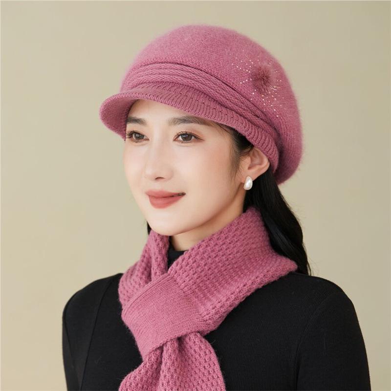 "Autumn/Winter Plush Rabbit Fur Hat & Scarf Set for Middle-Aged/Elderly: Warm, Windproof Knit with Gloves"