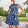 Women's 2 Piece Denim Outfits Button Down Sleeveless Tank Top And Shorts Set Casual Business Jean Blazer Vest Set
