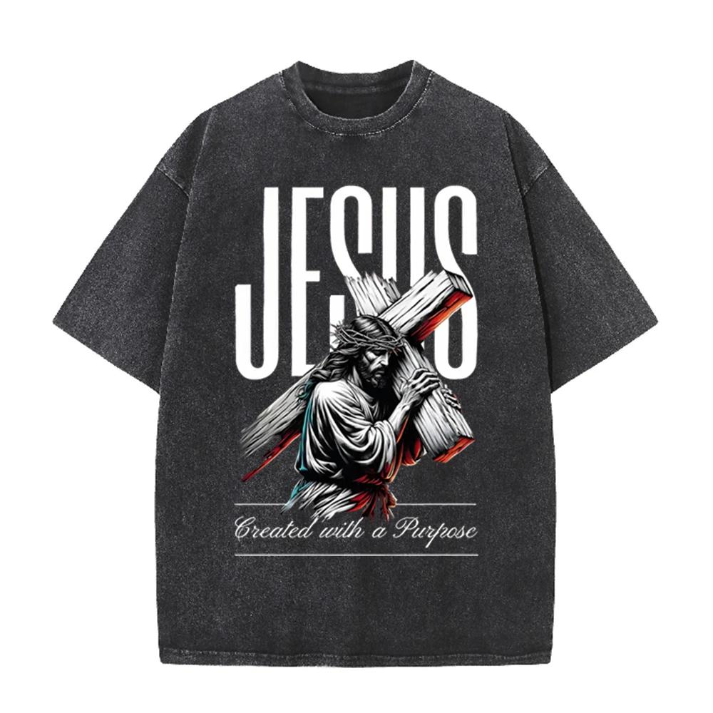 2026 Vintage Washed Black Religious Jesus Cross Graphic T Shirt Created With A Purpose Faith Print Oversized Casual Short Sleeve