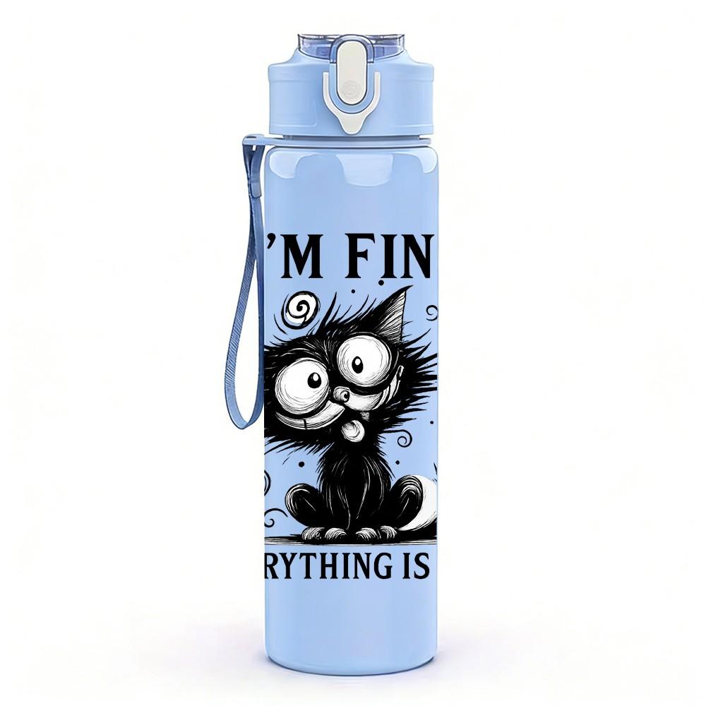 1PC I'm Fine Black Cat Letter 750ml Color Plastic Sports Water Bottle Leakproof Flip Straw Lid Suitable for Sports Office Home Use