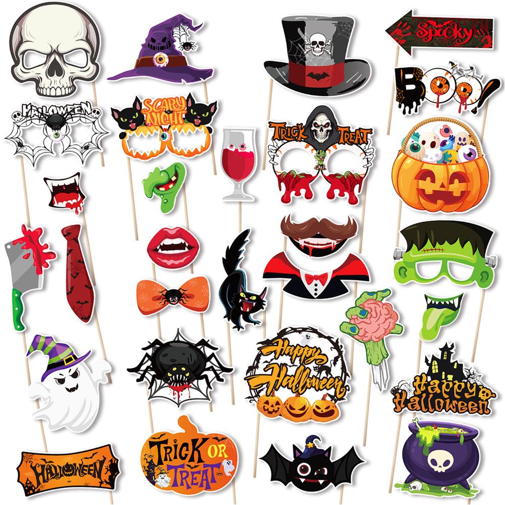 30PCS Halloween Photo Booth Props Kit Scary Party Decor Supplies Pumpkin Skull Glasses Photobooth Accessories For Halloween