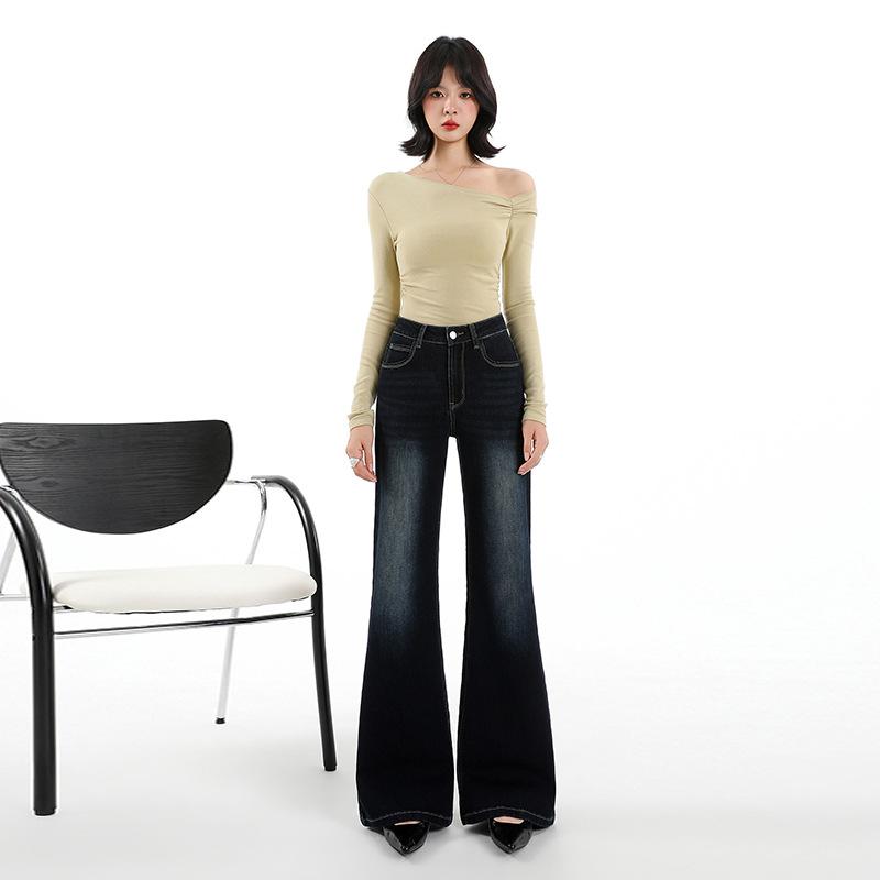 No legs slightly pulled jeans women's autumn new high waist loose and thin versatile wide leg flared pants