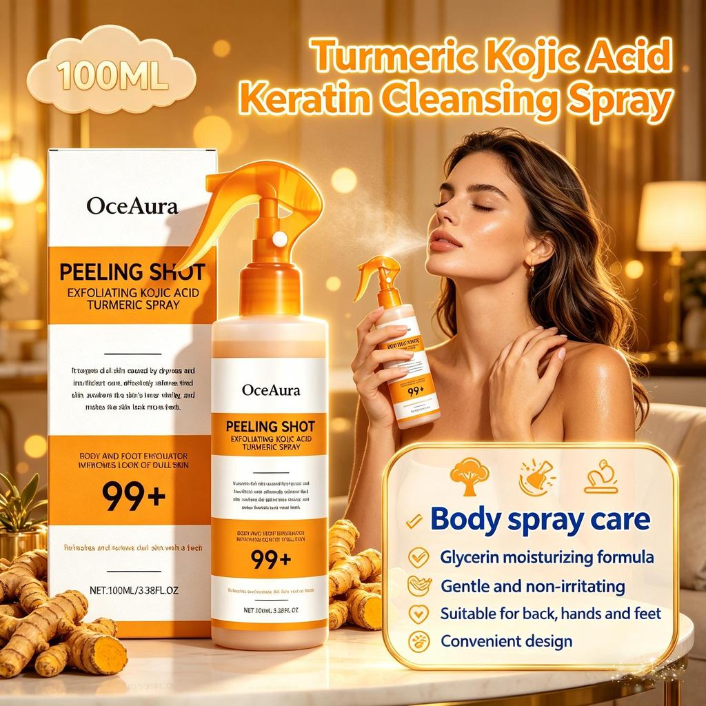 OceAura Отшелушивающий спрей для тела с койевой кислотой и куркумой, Мягкое очищающее средство для кожи спины, рук и ног, Ежедневный увлажняющий уход для грубой кожи, 100 мл