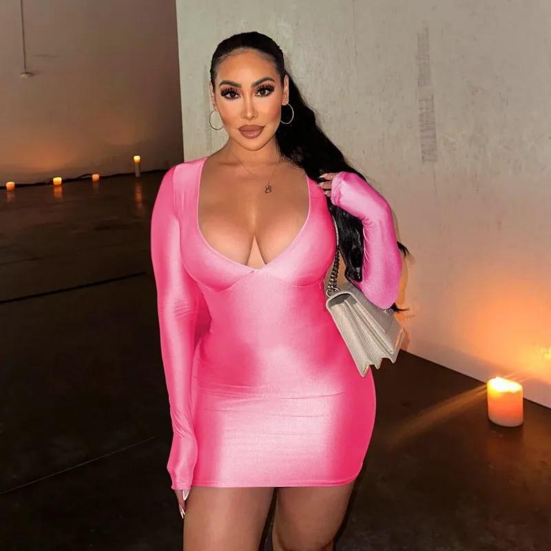 2024 сексуальное женское платье с длинным рукавом и глубоким вырезом, однотонное летнее облегающее платье с v-образным вырезом, Y2k, тонкая клубная одежда для вечеринок 30580