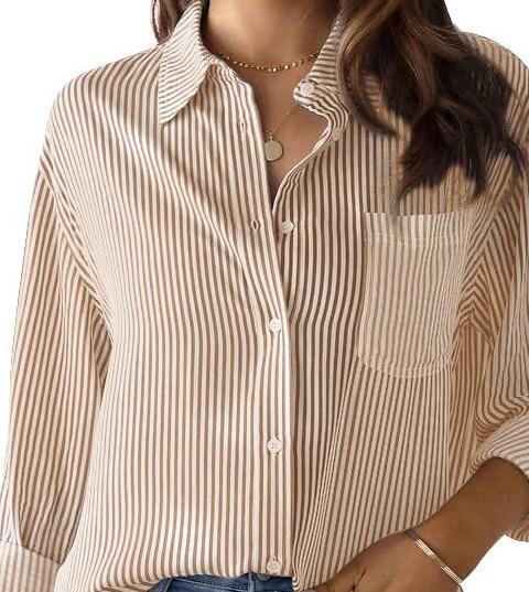 Женская рубашка с отложным воротником и длинным рукавом, свободный крой, уличный стиль, блузка в вертикальную полоску с карманом, повседневный топ, весна 2025